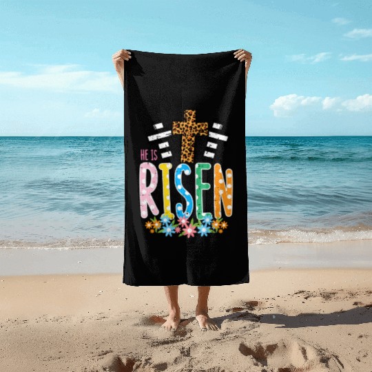 He Is Risen Leopard Cross Easter Jesus Religious Beach Towels