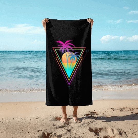 1980S 1990S Vaporwave Palm Trees Sunset Beach Surf Beach Towels