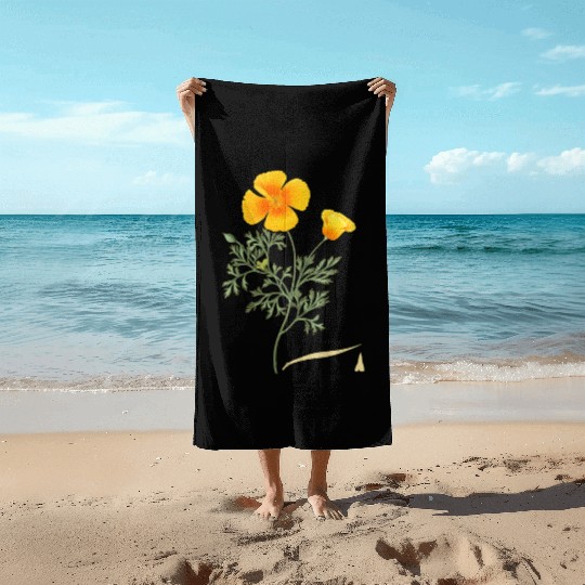 Californian Poppy Botaal Illustration Flower Beach Towels