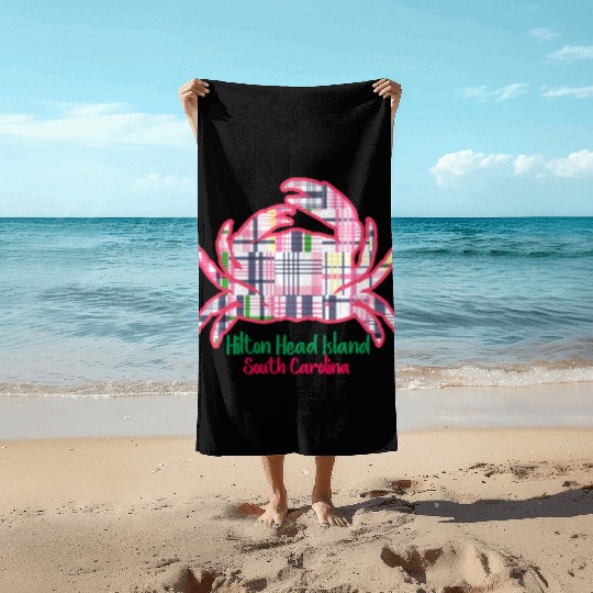 Hilton Head Island Preppy Plaid Crab Beach Towels