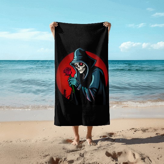Symbolic Contrast A Grim Reaper Embracing a Rose Beach Towels
