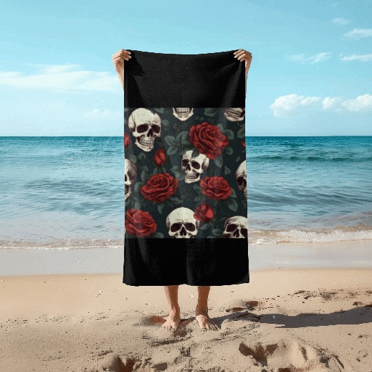 Dark Elegant Gothic Pattern Skulls & Red Roses Beach Towels