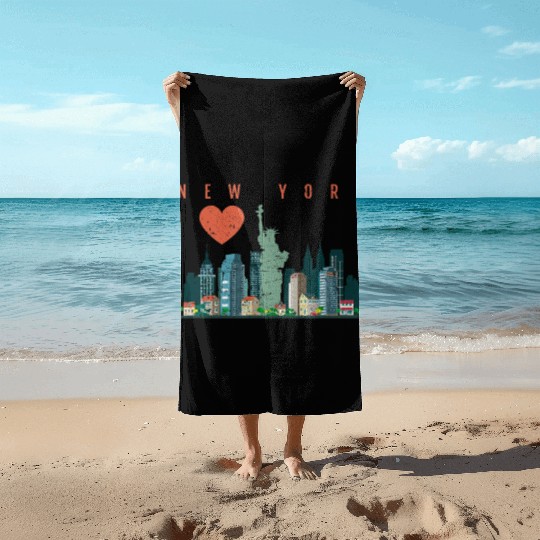 New York City Nyc Skyline Heart Distressed Style Beach Towels