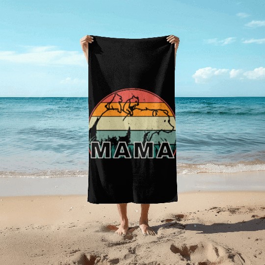 Mama Bear grizzly Retro With Cubs distressed print Beach Towels