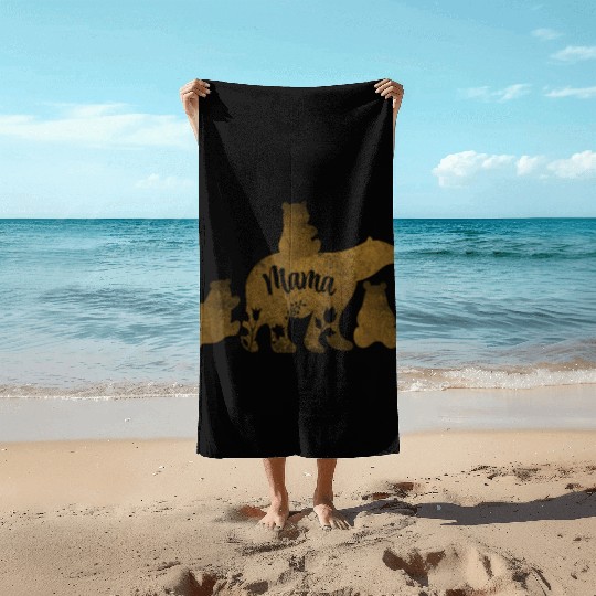 Mama Bear With 3 Baby Bear Cubs Following Mama Beach Towels