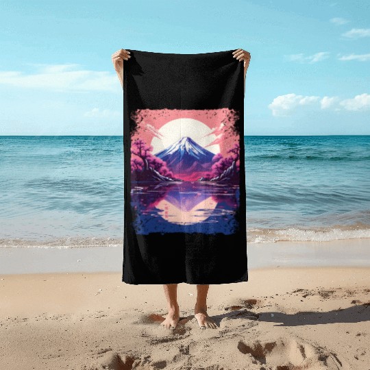 Vaporwave Aesthetic Japan Sight Mount Fuji Volcano Beach Towels