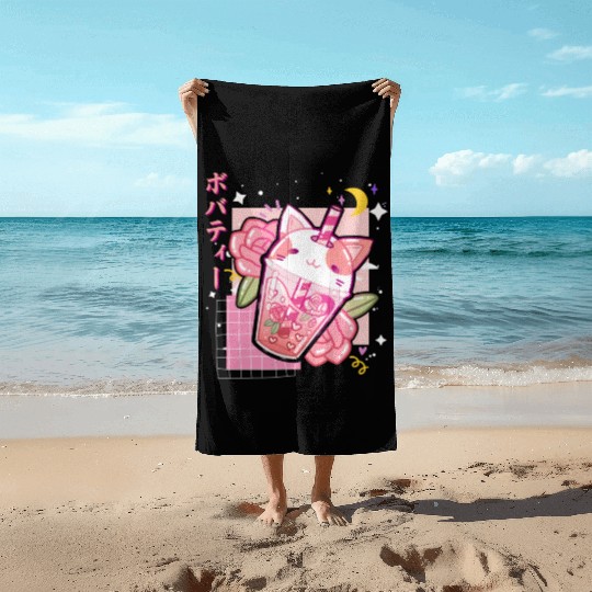 Boba Tea Cat Bubble Tea Kawaii Anime Japanese Beach Towels