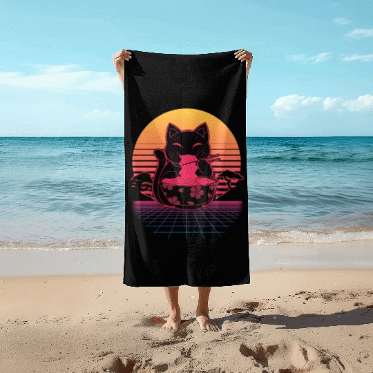 Kawaii Ra Neko Retro Cat Japanese Noodle Anime Beach Towels