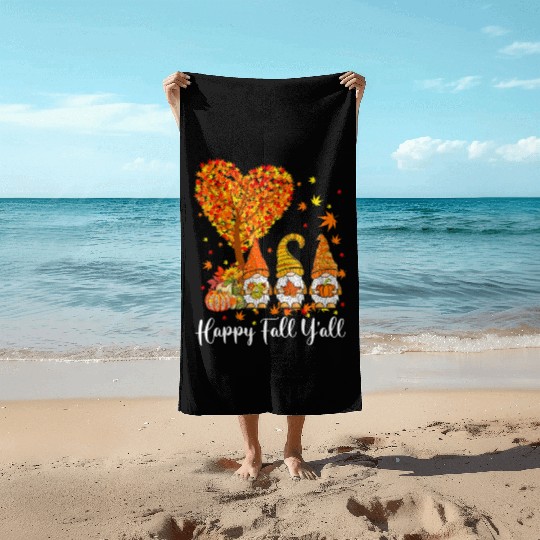 Happy Fall Y'all Gnomes Pumpkin Autumn Vibes Beach Towels