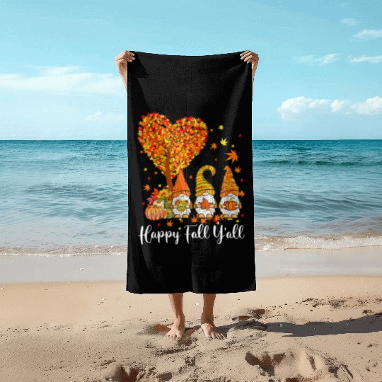 Happy Fall Y'all Gnomes Pumpkin Autumn Vibes Beach Towels