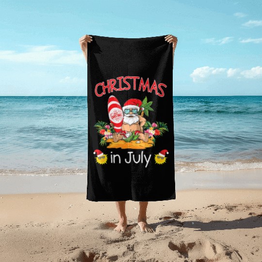 Christmas In July Funny Santa Surfing Summer Beach Towels