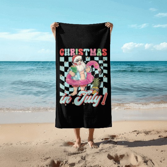 Christmas In July Groovy Santa Flamingo Float Beach Towels