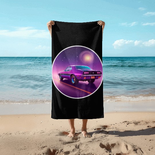 Nostalgic Retro 80s Purple Vaporwave Muscle Car Beach Towels
