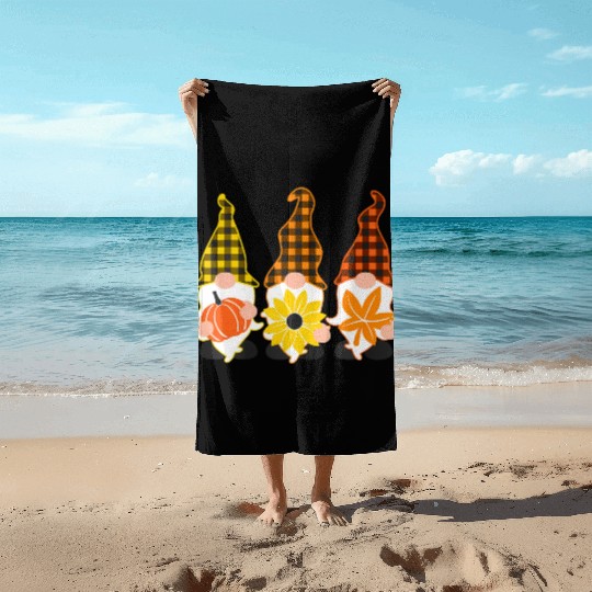 Hello Fall Autumn Plaid Gnomes Leave Pumpkin Beach Towels