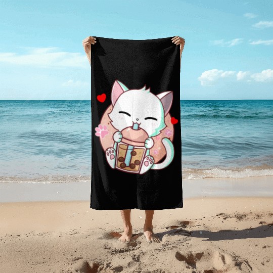 Cat Boba Tea Bubble Tea Kawaii Anime Japanese Beach Towels