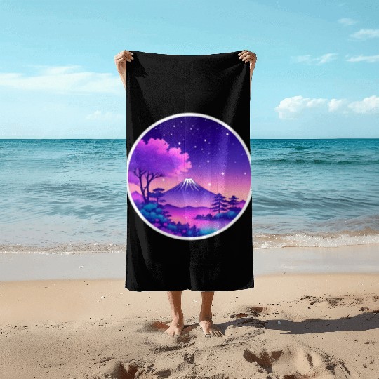 Japan Mount Fuji Night Sky Lo-Fi Art Retro Purple Beach Towels