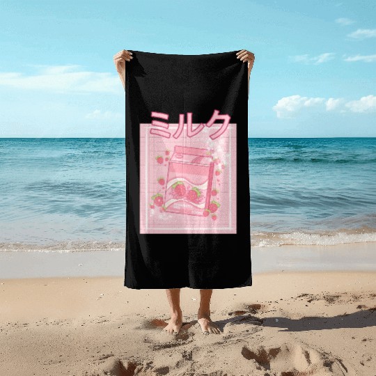 90S Japanese aii Strawberry Milk Shake Carton Beach Towels