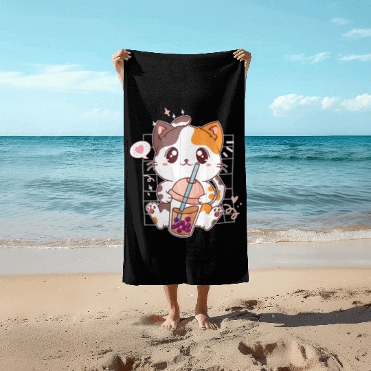 Cat Boba Tea Bubble Tea Kawaii Anime Japanese Beach Towels