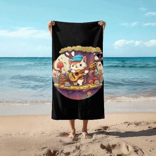 Cute Kawaii Cat Playing Guitar Banjo On Log Beach Towels