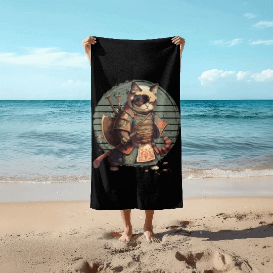 Samurai Cat Warrior Japanese Ninja Cat Kawaii Beach Towels