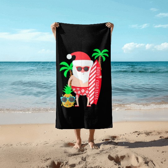 Santa Surfing Hawaiian Beach Christmas In July Beach Towels