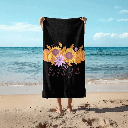 It's Fall Y'all Watercolor Pumpkin Autumn Leaves Beach Towels