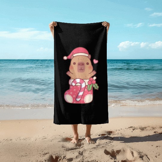 Cute Capybara In Christmas Stocking With Candy Beach Towels