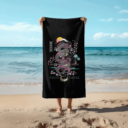 Japanese Dragon Asian Neon retro 80s style Beach Towels