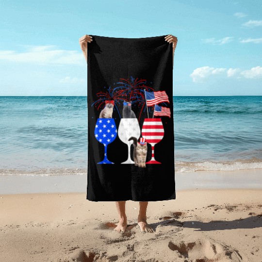 Cat 4Th Of July Red White Blue Wine Beach Towels