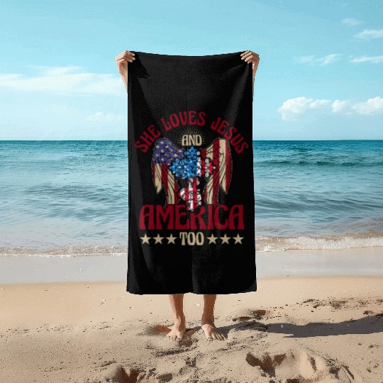 She loves jesus and America too Beach Towels