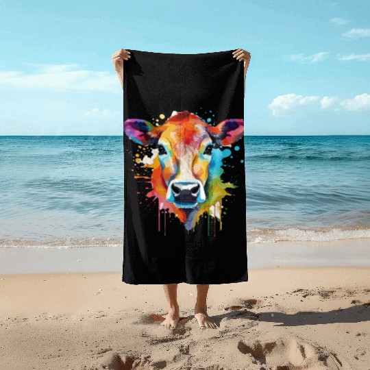 Serene Pasture - Watercolor Style Cow Art Beach Towels
