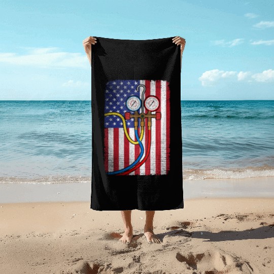 Patriotic HVAC Technician American Flag HVAC Tech Beach Towels