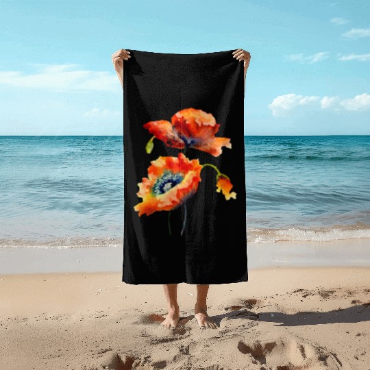 RED POPPIES Beach Towels, WATERCOLOR RED POPPIES TOP