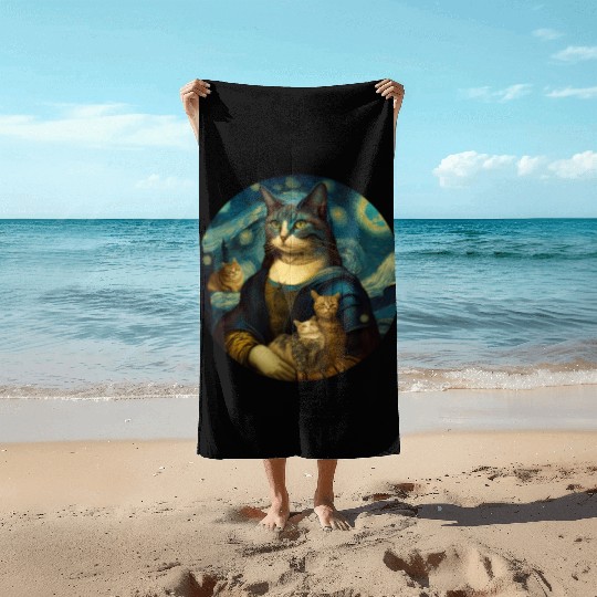 Mona Lisa With Cats Starry Night Van Gogh Painting Beach Towels