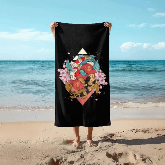 Kawaii Cherry Blossom Koi Fish Japanese Sakura Beach Towels