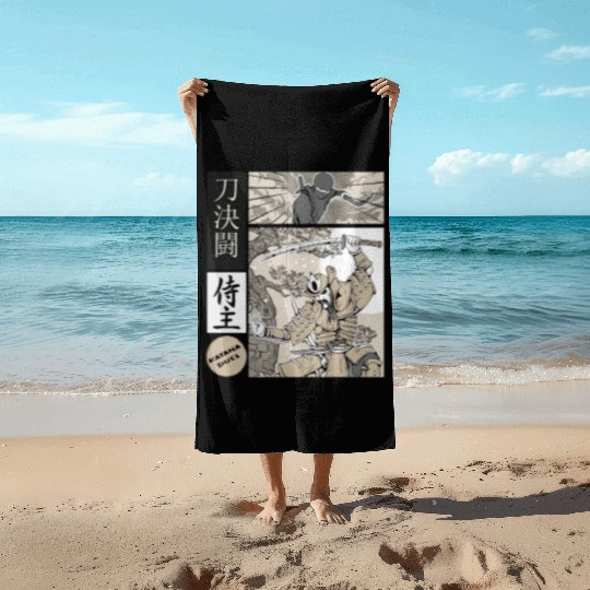 Katana Samurai Vs Ninja Warrior Comic Strip style Beach Towels