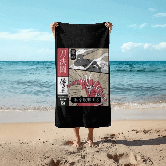 Samurai Vs shinobi Warrior Comic Strip style Beach Towels