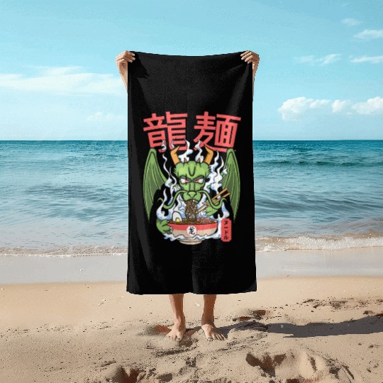 Dragon ramen noodles bowl Kawaii monstrous lizard Beach Towels