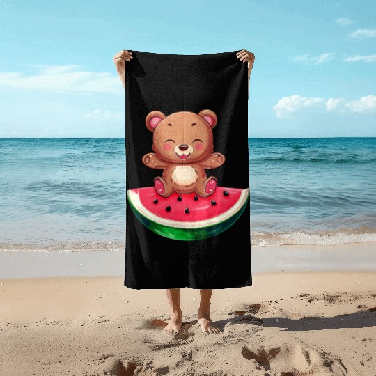 Bear Sits on Watermelon - Cute Nature Design Beach Towels
