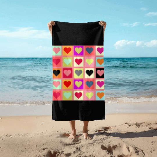 Colorful Retro Vintage Checkered Heart Y2K Pattern Beach Towels