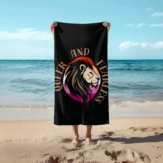 LGBTQ Queer and Fearless, Lion with Lesbian Flag Beach Towels