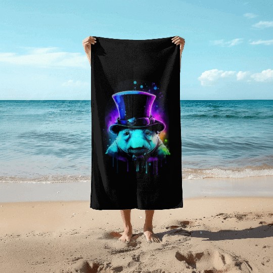 Cute Tardigrade in a Top Hat - Retro Disco Drip Ar Beach Towels