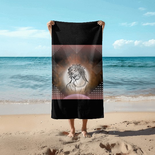 Sacred Jesus with Crown of Thorns Illustration Beach Towels