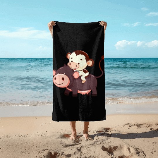 monkey Riding on Cow - Funny Animal Play Design Beach Towels
