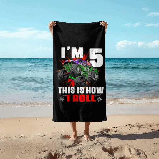 Kid 5th Birthday Boy Monster Truck Rule JAM Beach Towels