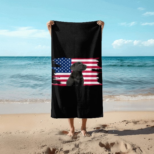 American Flag Dog Black Lab Puppy Beach Towels