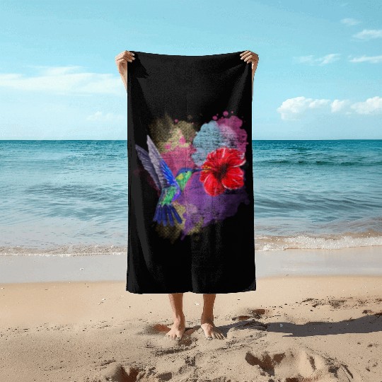 Pretty Bird Animal Hibiscus Flower Hummingbird Beach Towels