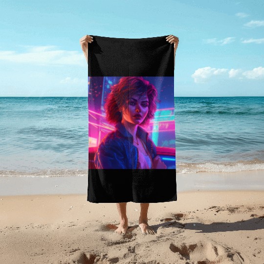 Synthwave Girl - Vibrant Anime Car Artwork Beach Towels