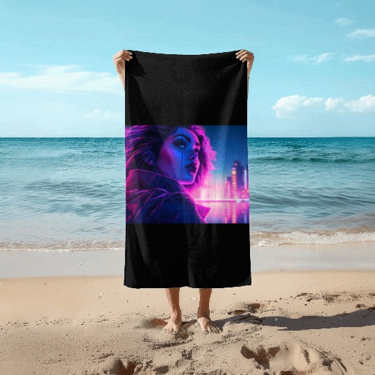 Synthwave girl in front of a neon light city Beach Towels