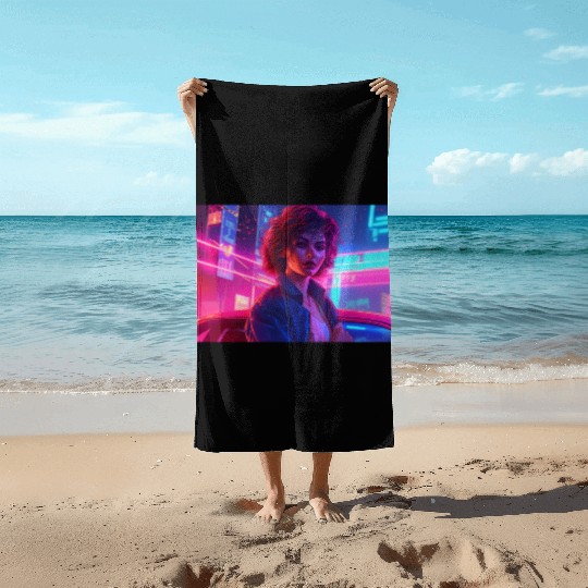 Synthwave Girl - Anime Portrait in Neon Colors Beach Towels